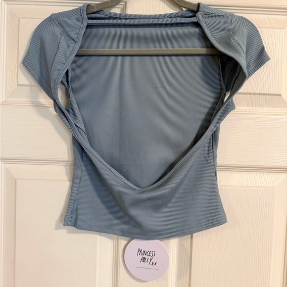 Blue Ribbed Open Back Women's Top - Picture 4 of 5